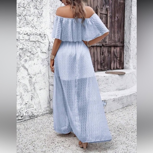 NEW Elegant Off-Shoulder Baby Blue Maxi Dress - Picture 2 of 5